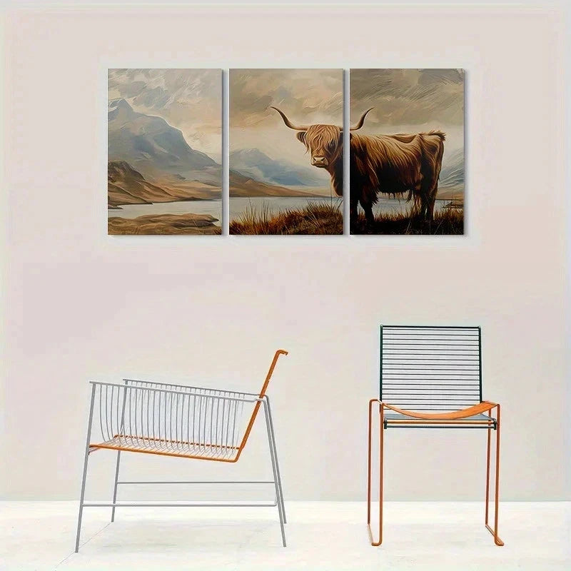 3pcs Scenic Landscape Highland Cow Metal Print Ready to Hang Art - Bella Home Decor