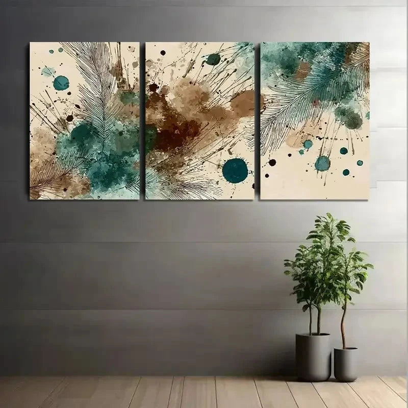 3pcs Brown and Teal Watercolor Splashes Metal Print Ready to Hang Art - Bella Home Decor