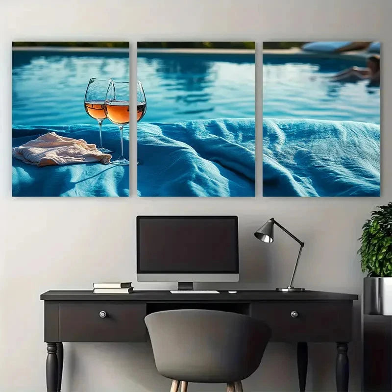 3pcs Wine o clock ski Wine & Bedsheet Pool Wall Art Set Canvas Framed 40x60cm - High Quality Print 100% Australian Made Wall Canvas Ready to Hang
