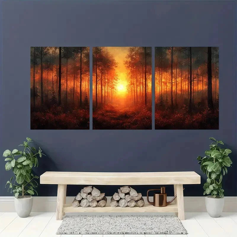 3pcs Sunrise Forest Watercolor Art Print Metal Print Ready to Hang Art - Bella Home Decor
