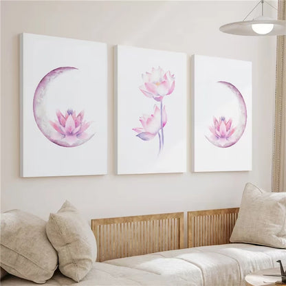 3pcs Lotus Flower Boho Moon Watercolor Painting Wall Art Set Canvas Framed 50x70cm - High Quality Print 100% Australian Made Wall Canvas Ready to Hang