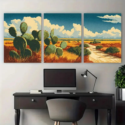 3pcs Texas Travel Cacti Illustration Wall Art Set Canvas Framed 60x90cm - High Quality Print 100% Australian Made Wall Canvas Ready to Hang