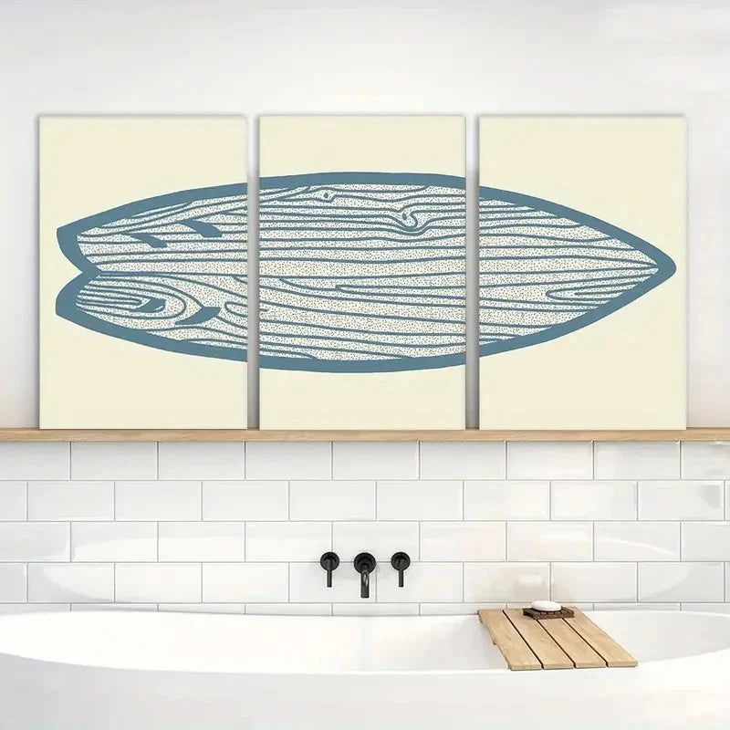 3pcs Blue Watercolor Line Surfboard Painting Metal Print Ready to Hang Art - Bella Home Decor