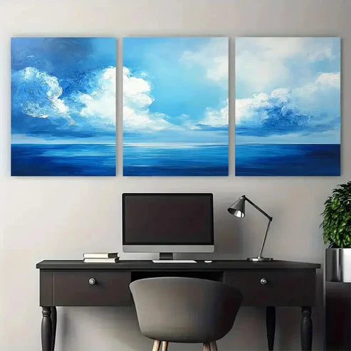 3pcs Large Cloud Painting Blue Sea Illustration 1 Wall Art Set Canvas Unframed - High Quality Print 100% Australian Made Wall Canvas
