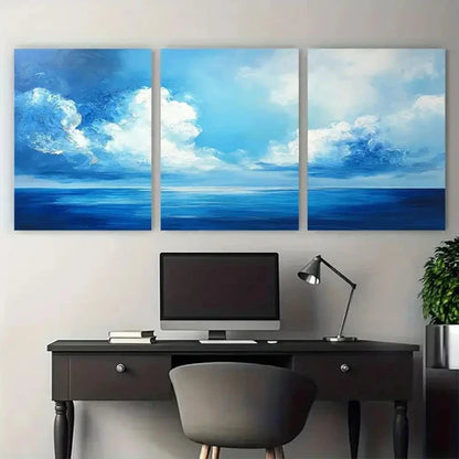 3pcs Large Cloud Painting Blue Sea Illustration 1 Wall Art Set Canvas Unframed - High Quality Print 100% Australian Made Wall Canvas