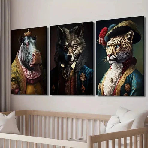 3pcs Hippopotamus Lion Cheetah Wearing Clothes Wall Art Canvas Unframed - High Quality Print 100% Australian Made Wall Canvas