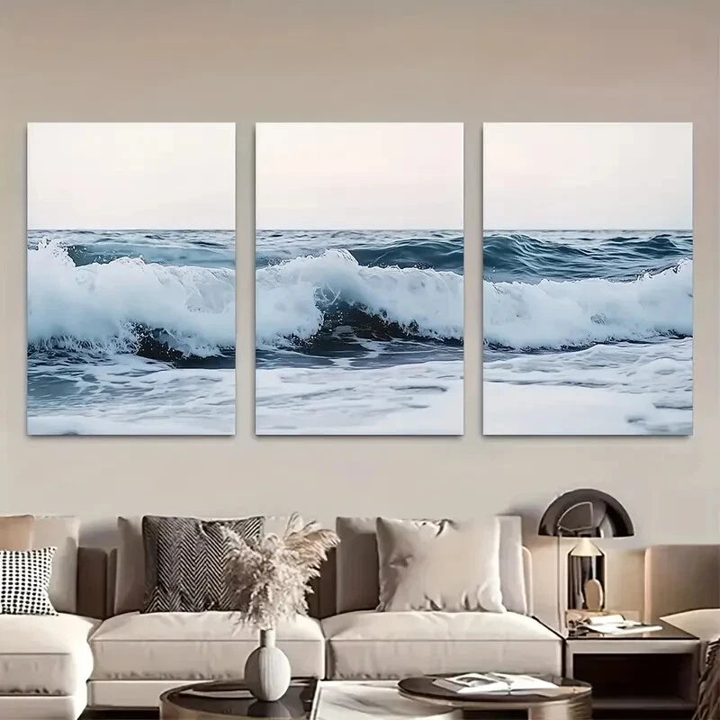 3pcs Large Aerial Beach Modern Ocean Waves Metal Print Ready to Hang Art - Bella Home Decor