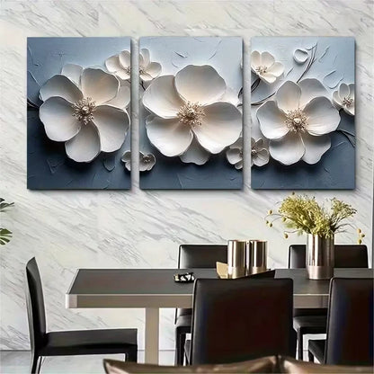 3pcs , White Floral Painting Metal Print Ready to Hang Art - Bella Home Decor