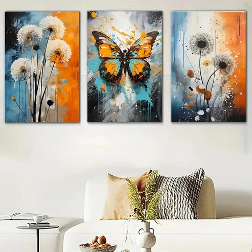 3pcs Scandinavian Inspired Butterfly Blue Floral Wall Art Canvas Unframed - High Quality Print 100% Australian Made Wall Canvas