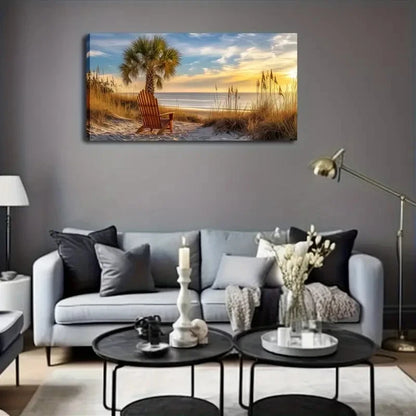 Wooden Lounge Chair Sandy Shore Wall Art Canvas Office Home Room Framed 120x60cm