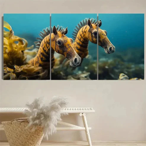 3pcs Vibrant Sea Horses Wall Art Set Canvas Unframed - High Quality Print 100% Australian Made Wall Canvas - Bella Home Decor
