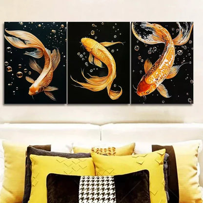 3pcs Yellow Koi Fish Black Background Wall Art Set Canvas Unframed - High Quality Print 100% Australian Made Wall Canvas