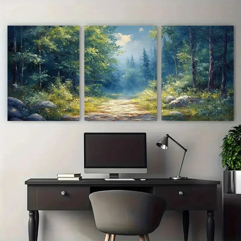 3pcs Green Forest Landscape with Pathway Metal Print Ready to Hang Art - Bella Home Decor