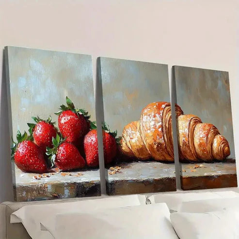 3pcs Rustic Croissant & Strawberry Z Wall Art Set Canvas Unframed - High Quality Print 100% Australian Made Wall Canvas
