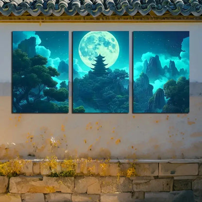 3pcs Ancient Pagoda Landscape, Full Moon Night Metal Print Ready to Hang Art - Bella Home Decor