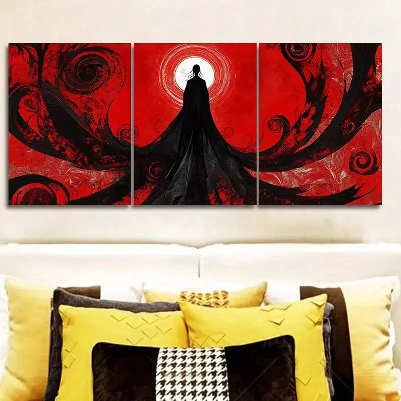 3pcs Mysterious Cloaked Figure with Red Swirls   Wall Art Set Canvas Framed 40x60cm - High Quality Print 100% Australian Made Wall Canvas Ready to Hang