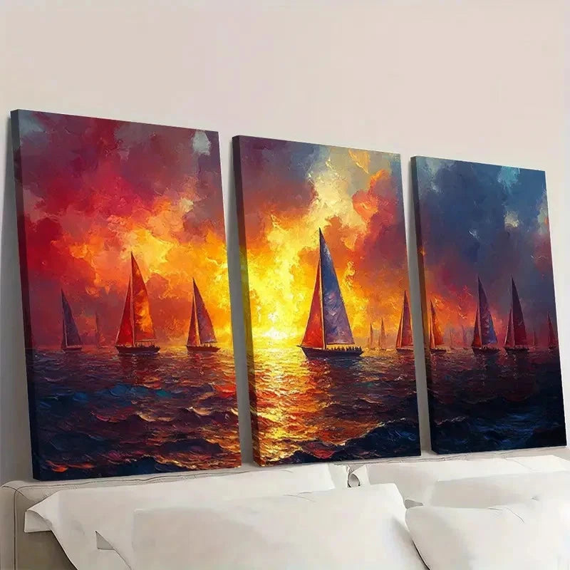3pcs Sailboat Paintings by Famous Artists FH  Wall Art Set Canvas Framed 60x90cm - High Quality Print 100% Australian Made Wall Canvas Ready to Hang