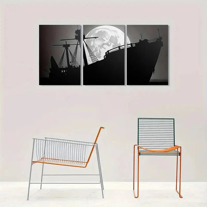 3pcs Black and White Ship Silhouette Full Moon Metal Print Ready to Hang Art - Bella Home Decor