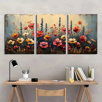 3pcs Vintage Wildflower Red Yellow Pink Wall Art Set Canvas Framed 40x60cm - High Quality Print 100% Australian Made Wall Canvas Ready to Hang