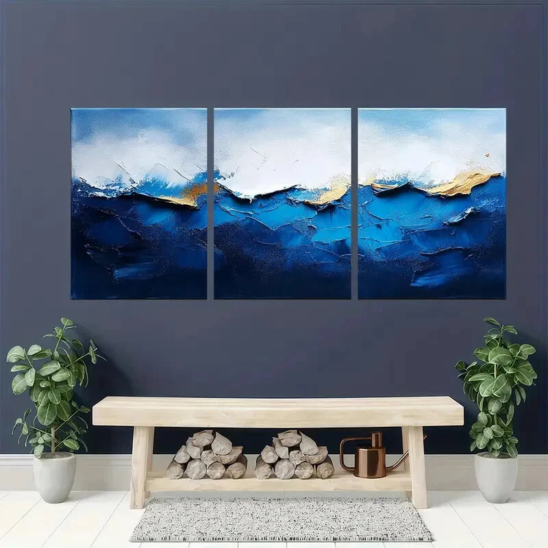 3pcs Blue Texture Abstract Minimalist Painting Metal Print Ready to Hang Art - Bella Home Decor