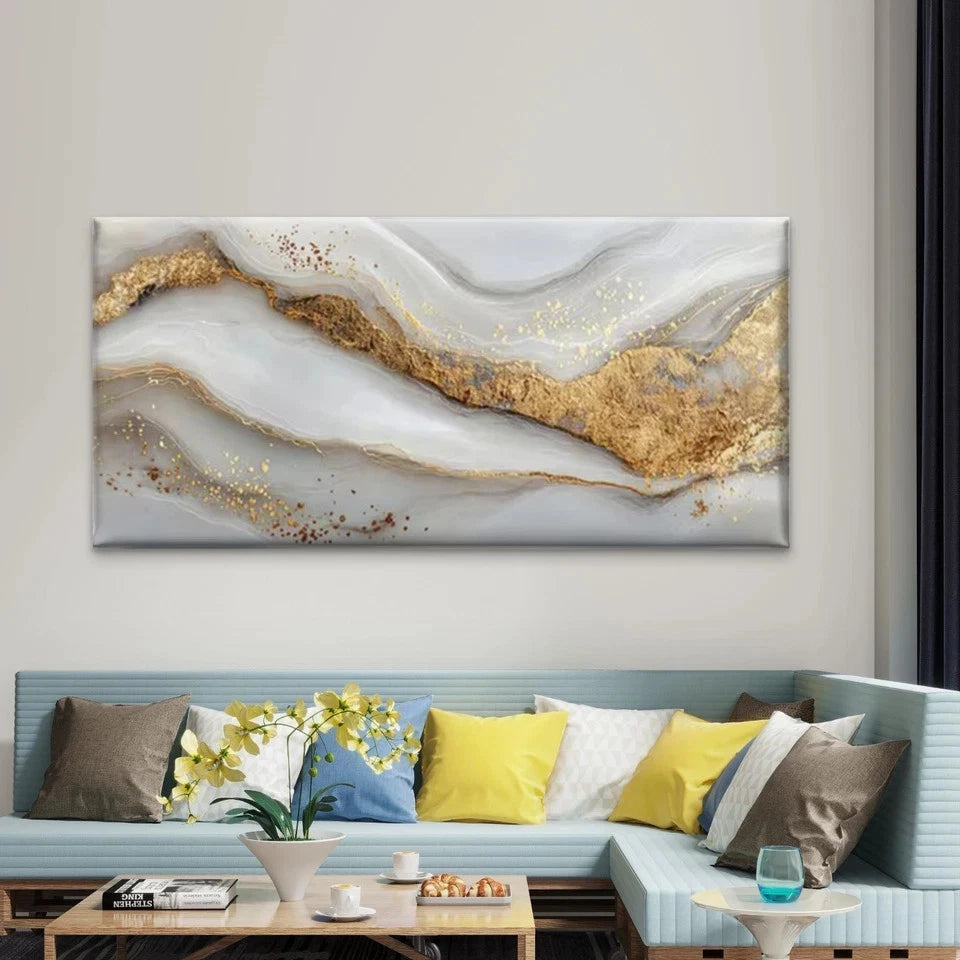 Golden Accent Abstract Wall Art Canvas Office Home Room Framed 120x60cm