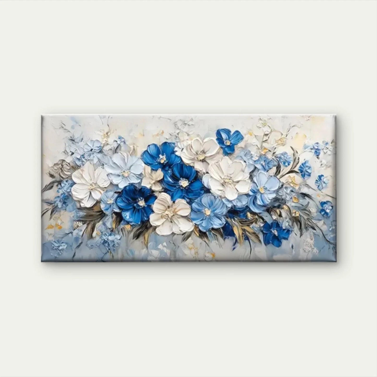 Blue Flowers White Wall Art Canvas Office Home Room Framed 120x60cm
