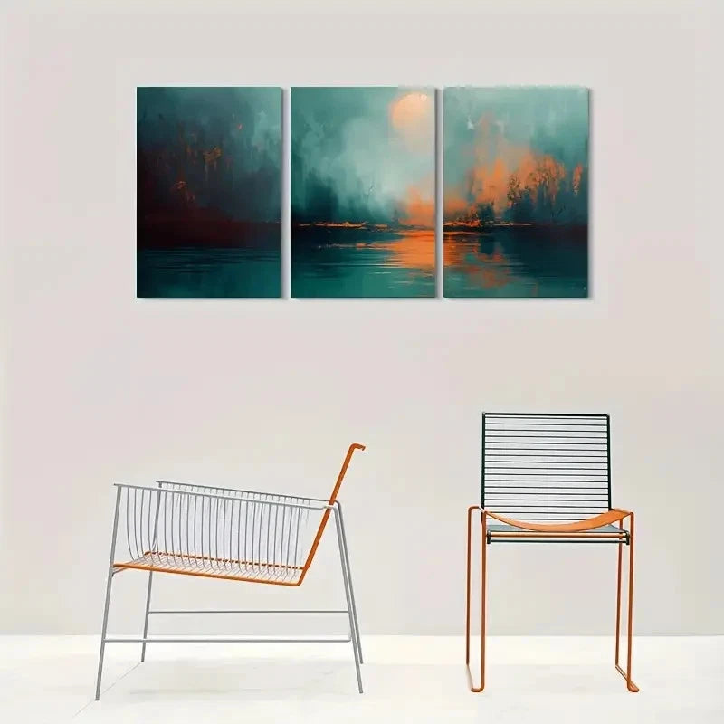 3pcs Abstract Landscape Green Orange Metal Print Ready to Hang Art - Bella Home Decor