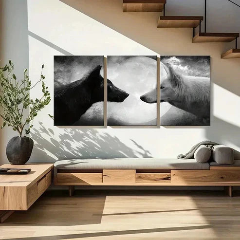 3pcs Black & White Two Wolves Under The Moon  Wall Art Set Canvas Unframed - High Quality Print 100% Australian Made Wall Canvas - Bella Home Decor