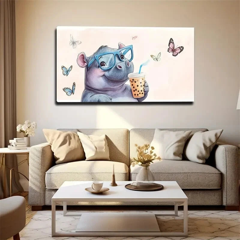 A Small Hippo Holding Milk Tea Wall Art Canvas Office Home Room Framed 120x60cm - Bella Home Decor