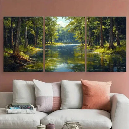 3pcs Nature Forest Swamp Trees Woods River Lake  Wall Art Set Canvas Unframed - High Quality Print 100% Australian Made Wall Canvas