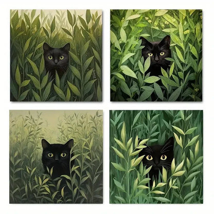 4pcs Black Cat In Green Leaves Picture Wall Art Canvas Framed