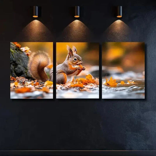 3pcs A Cute Squirrel is Sitting on the Bank Wall Art Set Canvas Framed 60x90cm - High Quality Print 100% Australian Made Wall Canvas Ready to Hang