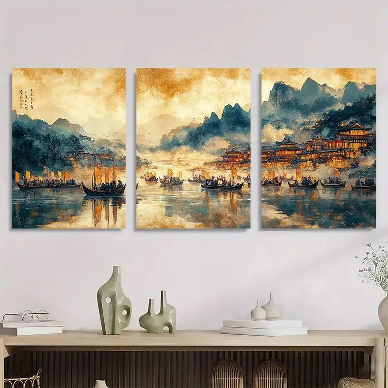3pcs Asian Landscape with Boat Scene Metal Print Ready to Hang Art - Bella Home Decor