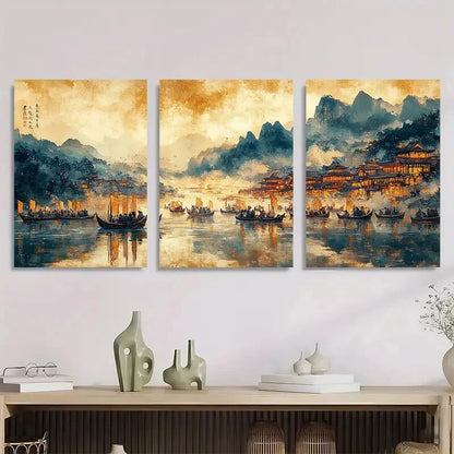 3pcs Asian Landscape with Boat Scene Metal Print Ready to Hang Art - Bella Home Decor