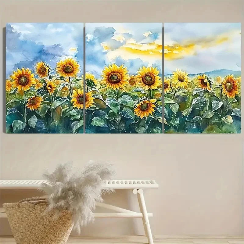 3pcs Vibrant Wild Sunflower & Blue Sky Landscape Metal Print Ready to Hang Art - Bella Home Decor