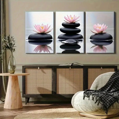 3pcs Peaceful Pink for Lotus and Zen Stone Metal Print Ready to Hang Art
