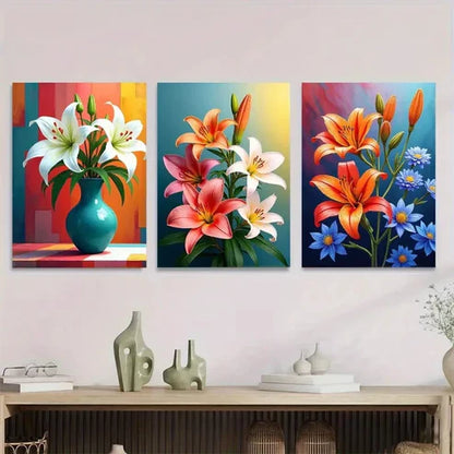 3pcs Vibrant Lily Flower Triptych Modern Classic Wall Art Set Canvas Unframed - High Quality Print 100% Australian Made Wall Canvas