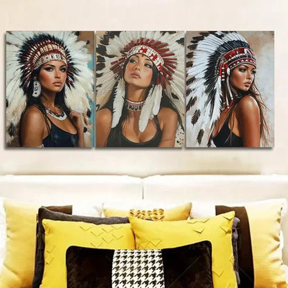 3pcs Indian Girls Wear Feathered Headdresses Wall Art Set Canvas Unframed - High Quality Print 100% Australian Made Wall Canvas