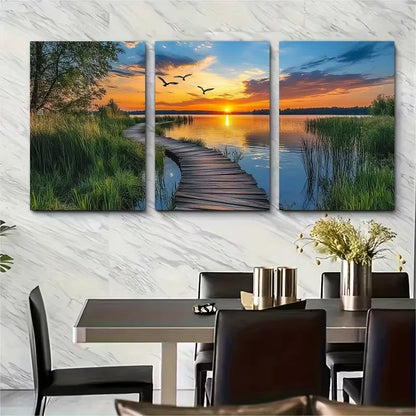 3pcs Wooden Path with Flying Birds Metal Print Ready to Hang Art