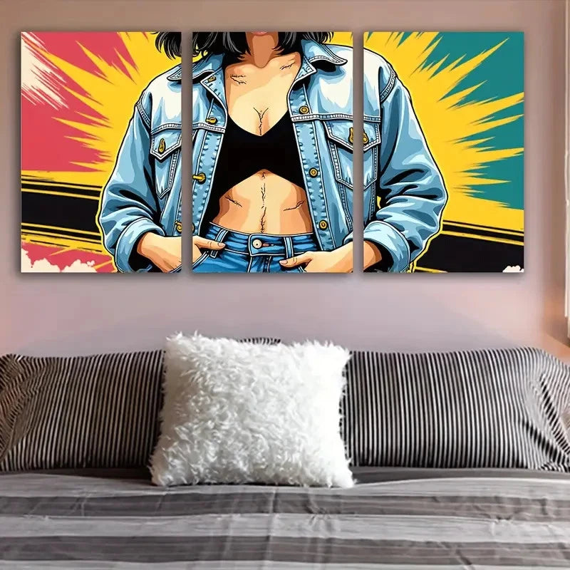 3pcs Woman In Denim Jacket Wall Art Set Canvas Framed 60x90cm - High Quality Print 100% Australian Made Wall Canvas Ready to Hang