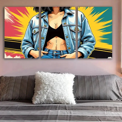 3pcs Woman In Denim Jacket Wall Art Set Canvas Framed 60x90cm - High Quality Print 100% Australian Made Wall Canvas Ready to Hang