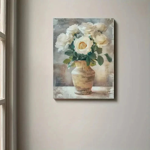 Beautiful White Roses In Rustic Vase Elegant Floral  60x90cm Metal Print Ready to Hang