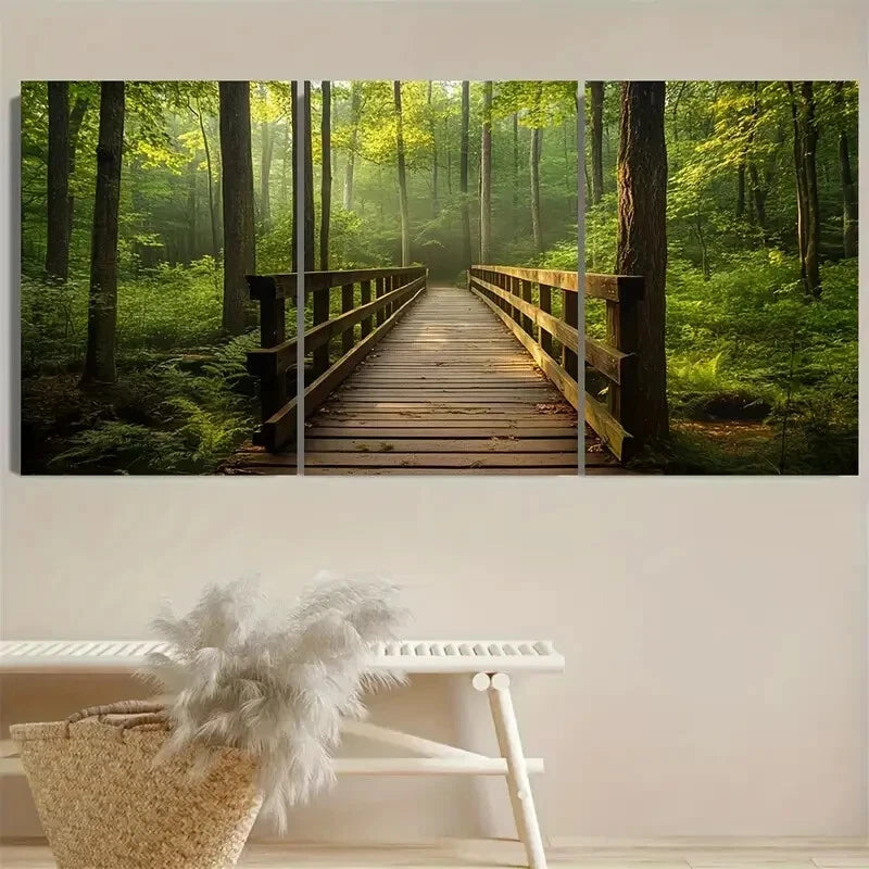 3pcs Rustic Wooden Walkway in Sunlit Greenery Metal Print Ready to Hang Art - Bella Home Decor