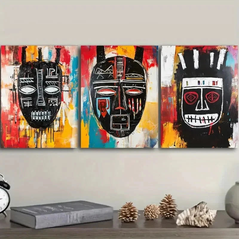 3pcs Featuring a Striking African Mask Wall Art Set Canvas Framed 50x70cm - High Quality Print 100% Australian Made Wall Canvas Ready to Hang