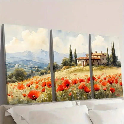 3pcs Italian  Poppy  Countryside Landscape   Wall Art Set Canvas Framed 40x60cm - High Quality Print 100% Australian Made Wall Canvas Ready to Hang