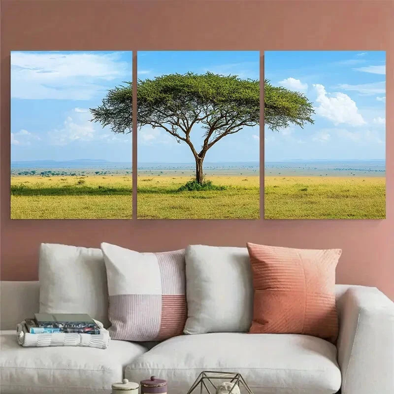 3pcs Serengeti Africa Safari Acacia Trees Wildlife Metal Print Ready to Hang Art - Bella Home Decor
