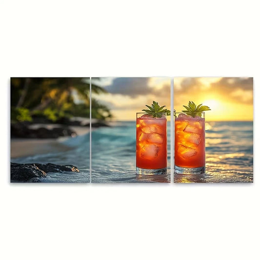 3pcs Tropical Beach Cocktail Sunset Ocean Scene Metal Print Ready to Hang Art