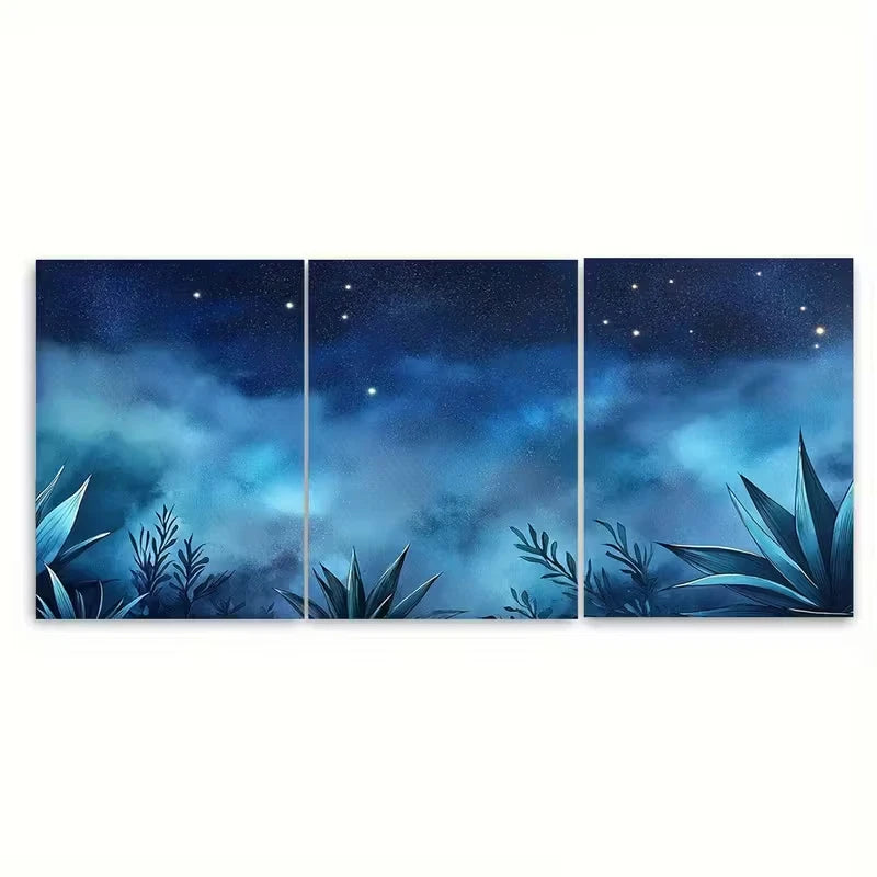 3pcs Agave Plants Under Starlit Sky Metal Print Ready to Hang Art - Bella Home Decor
