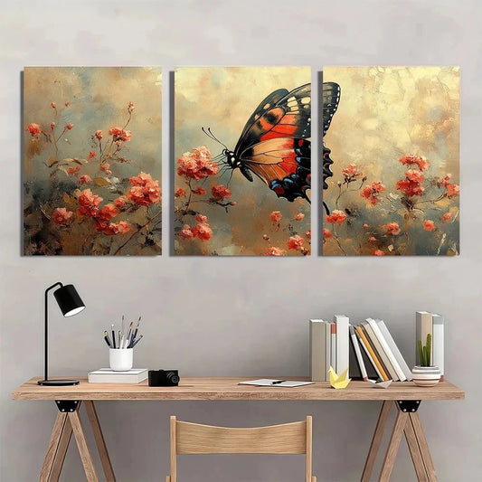 3pcs Vintage Butterfly And Flower Metal Print Ready to Hang Art