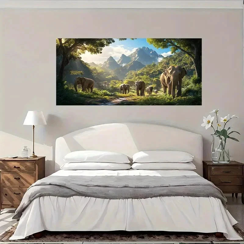 Elephant Family Tropical Wall Art Canvas Office Home Room Framed 120x60cm